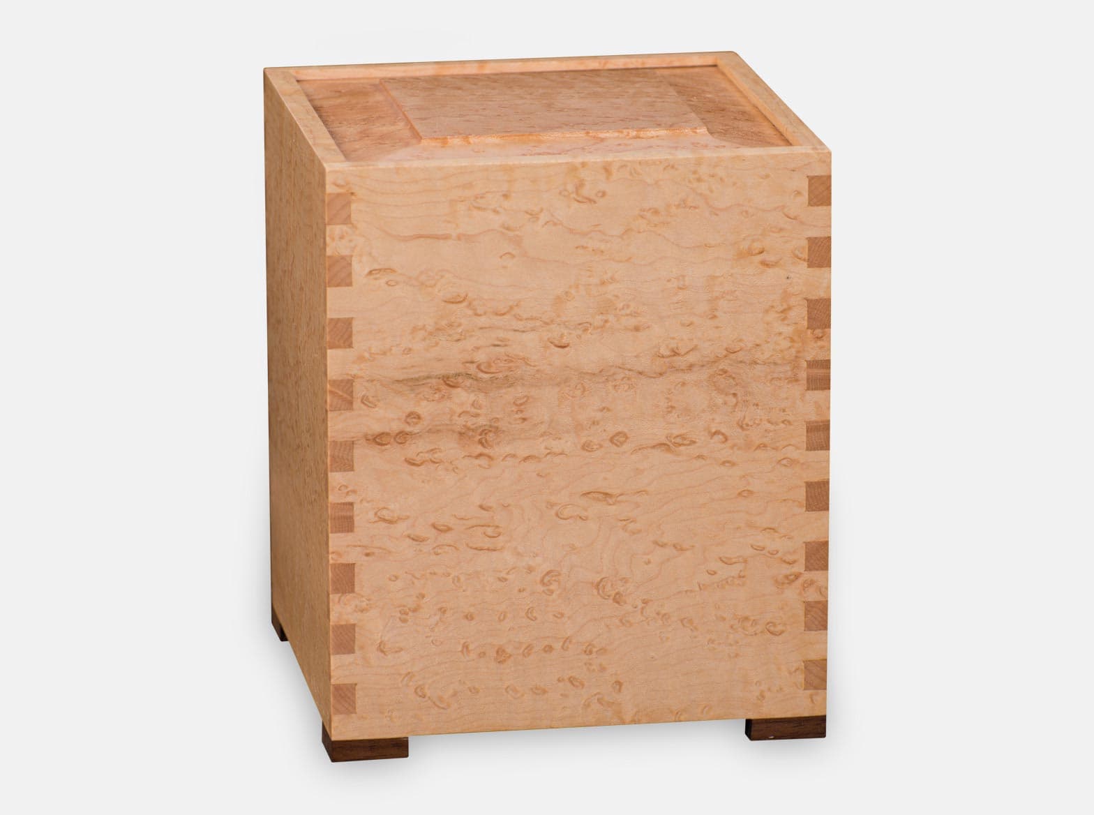 Wooden Cremation Urn. Maple wood with Balck Walnut feet. Box joint construction. Environment friendly oil finish. Laser engraving. Made by Quintessential Canada Inc.