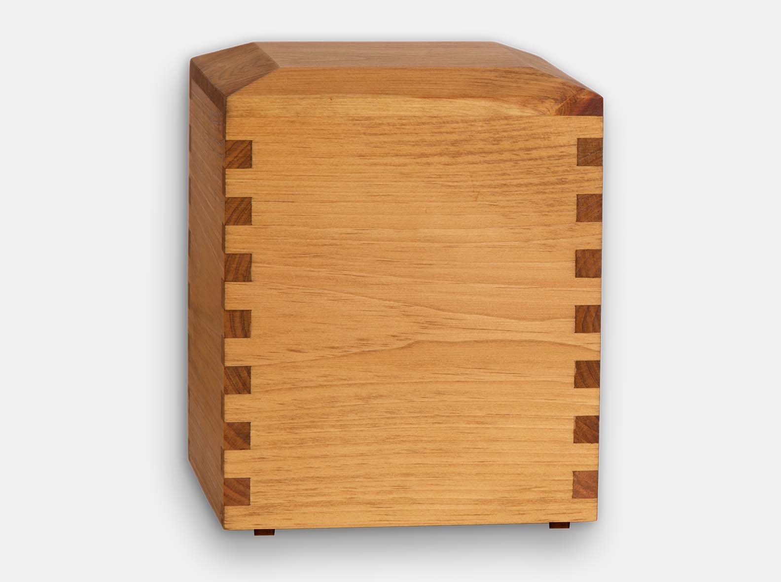 Pine Wooden Cremation Urn. Box joint construction. Environment friendly oil finish. Laser engraving. Made by Quintessential Canada Inc.
